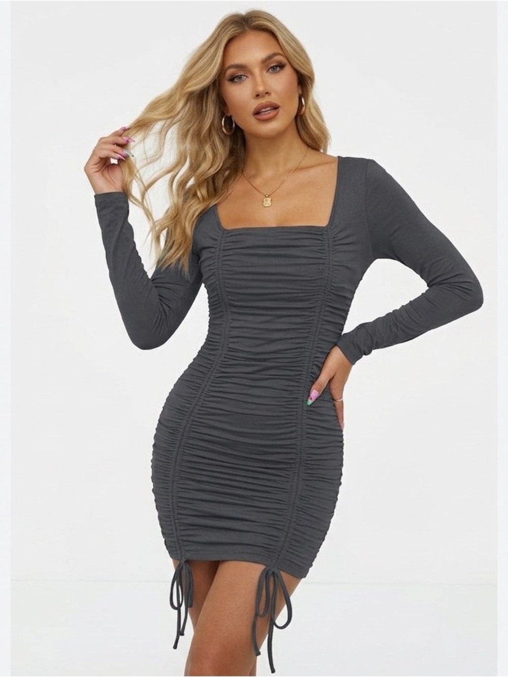 Long Sleeve Ruched Adjustable Dress